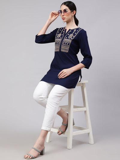 Women Navy Blue Embroidered Straight Tunic