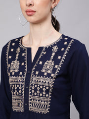 Women Navy Blue Embroidered Straight Tunic