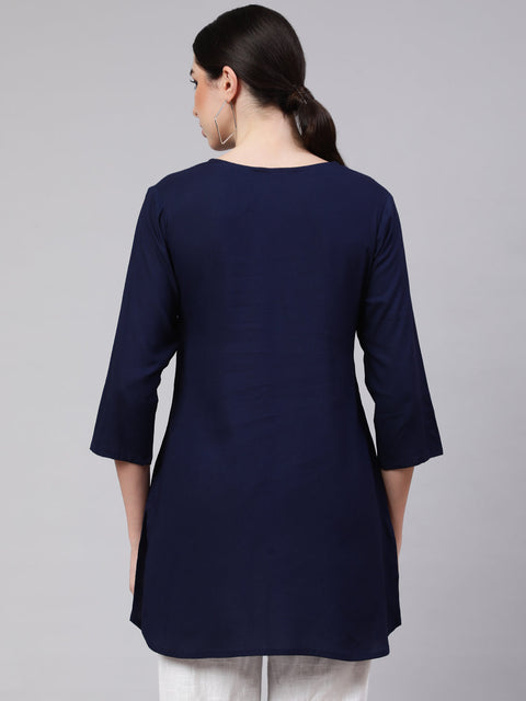 Women Navy Blue Embroidered Straight Tunic