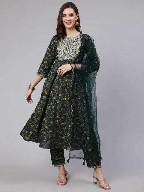 Women Green Embroidered Flared Kurta With Trouser And Dupatta