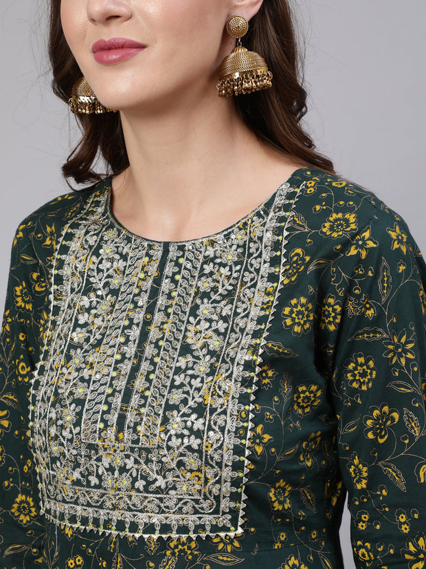 Women Green Embroidered Flared Kurta With Trouser And Dupatta