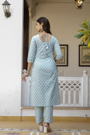 Women Blue Embroidered Straight Kurta With Trouser And Dupatta