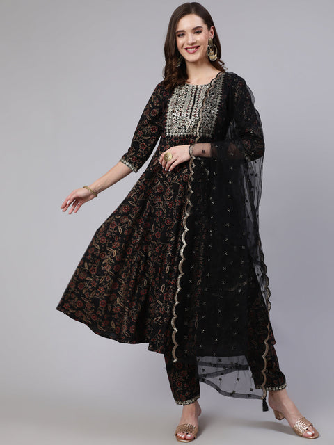 Women Black Embroidered Flared Kurta With Trouser And Dupatta