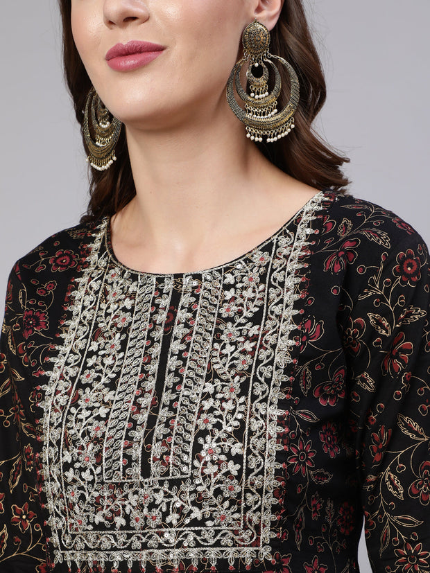Women Black Embroidered Flared Kurta With Trouser And Dupatta