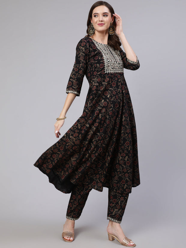 Women Black Embroidered Flared Kurta With Trouser And Dupatta