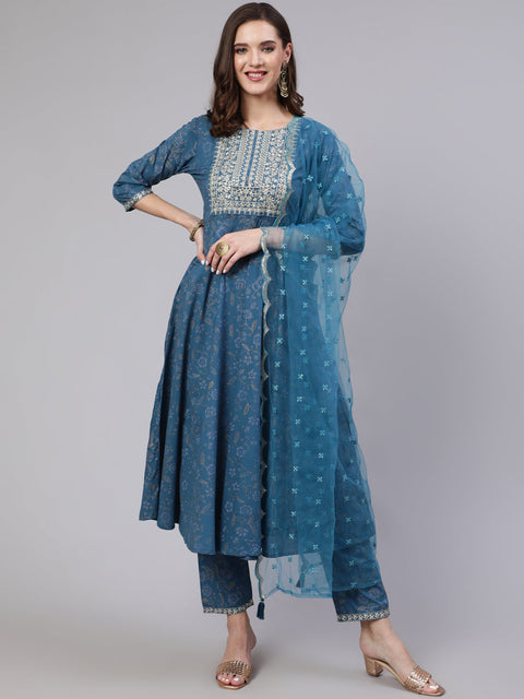 Women Blue Embroidered Flared Kurta With Trouser And Dupatta