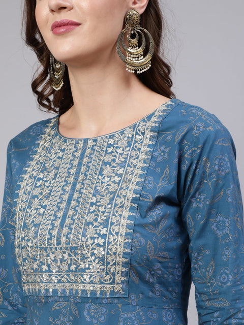 Women Blue Embroidered Flared Kurta With Trouser And Dupatta