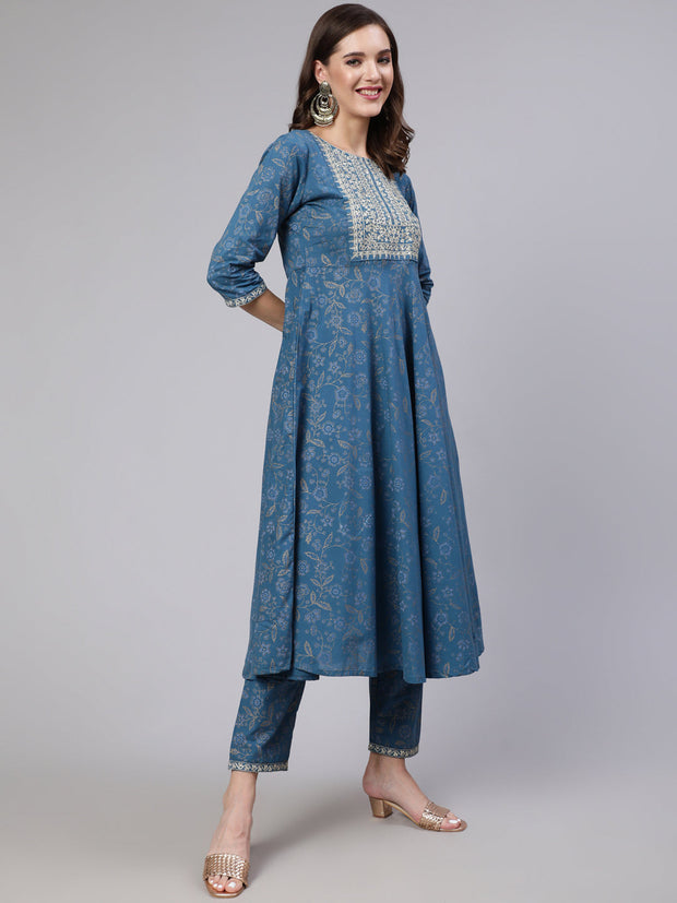 Women Blue Embroidered Flared Kurta With Trouser And Dupatta