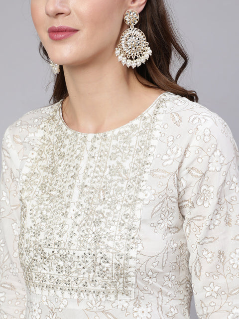 Women White Embroidered Flared Kurta With Trouser And Dupatta