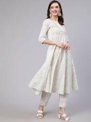 Women White Embroidered Flared Kurta With Trouser And Dupatta