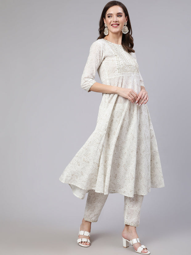 Women White Embroidered Flared Kurta With Trouser And Dupatta