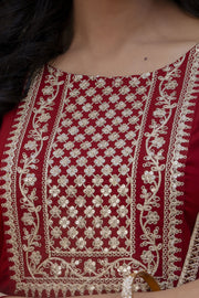 Women Maroon Embroidered Naira cut Kurta With Trouser And Net Dupatta