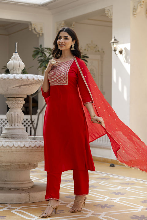 Women Red Embroidered Straight Kurta With Palazzo And Net Dupatta