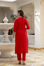 Women Red Embroidered Straight Kurta With Palazzo And Net Dupatta