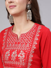 Women Red Embroidered Straight Kurta With Trouser And Net Dupatta