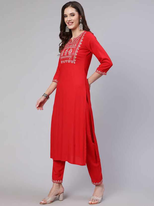 Women Red Embroidered Straight Kurta With Trouser And Net Dupatta