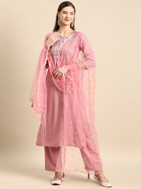 Women Mauve Embroidered Straight Kurta With Palazzo And Net Dupatta