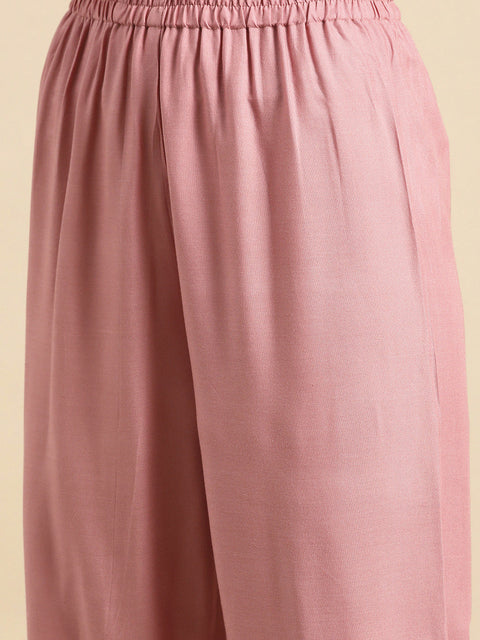 Women Mauve Embroidered Straight Kurta With Palazzo And Net Dupatta