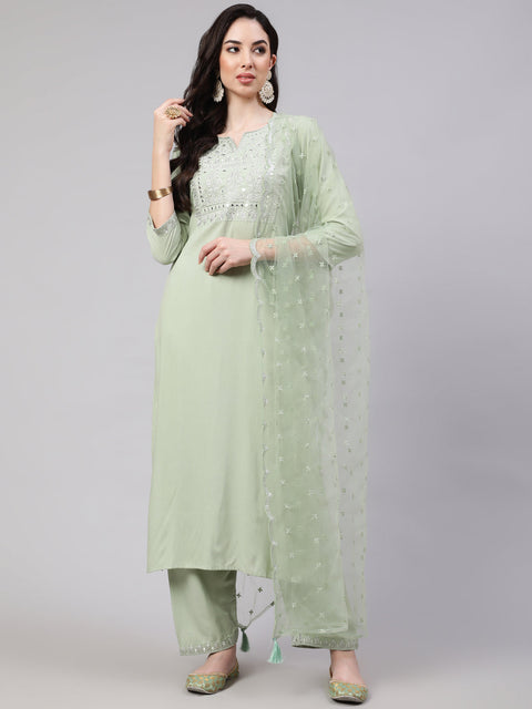 Women Green Embroidered Straight Kurta With Palazzo And Dupatta