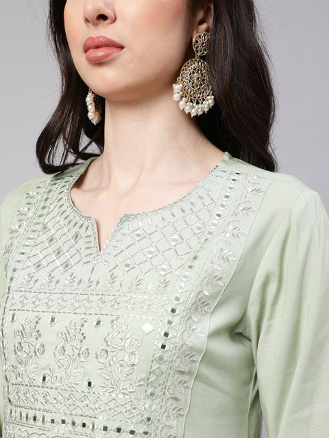 Women Green Embroidered Straight Kurta With Palazzo And Dupatta