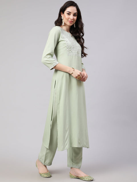 Women Green Embroidered Straight Kurta With Palazzo And Dupatta