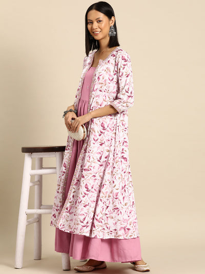 Women Pink Embroidered Flared Dress With Prinrted Jacket