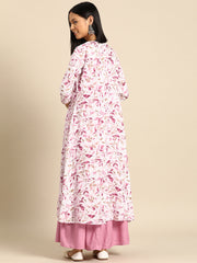 Women Pink Embroidered Flared Dress With Prinrted Jacket