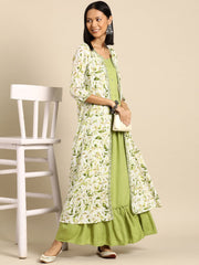 Women Green Embroidered Flared Dress With Prinrted Jacket