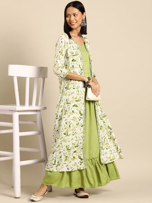 Women Green Embroidered Flared Dress With Prinrted Jacket