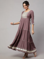 Wome Taupe Embroidered Flared Dress With Net Dupatta