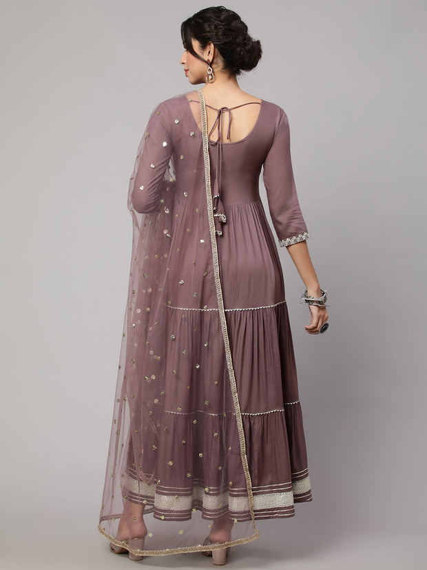 Wome Taupe Embroidered Flared Dress With Net Dupatta
