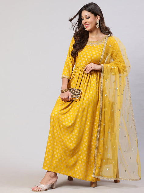 Women Yellow Embroidered Flared Dress With Scalloped Dupatta – Nayo ...