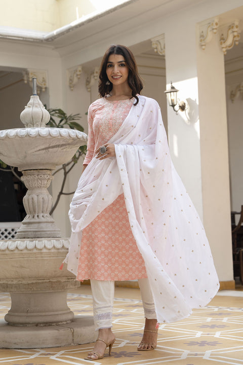 Women Pink Embroidered Straight Kurta With Trouser And Dupatta