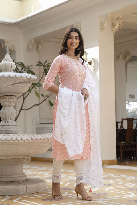 Women Pink Embroidered Straight Kurta With Trouser And Dupatta