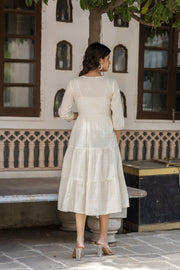 Women Off White Embroidered Gathered Dress