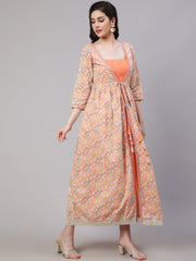 Women Peach Striped Flared Dress With Embroidered Jacket