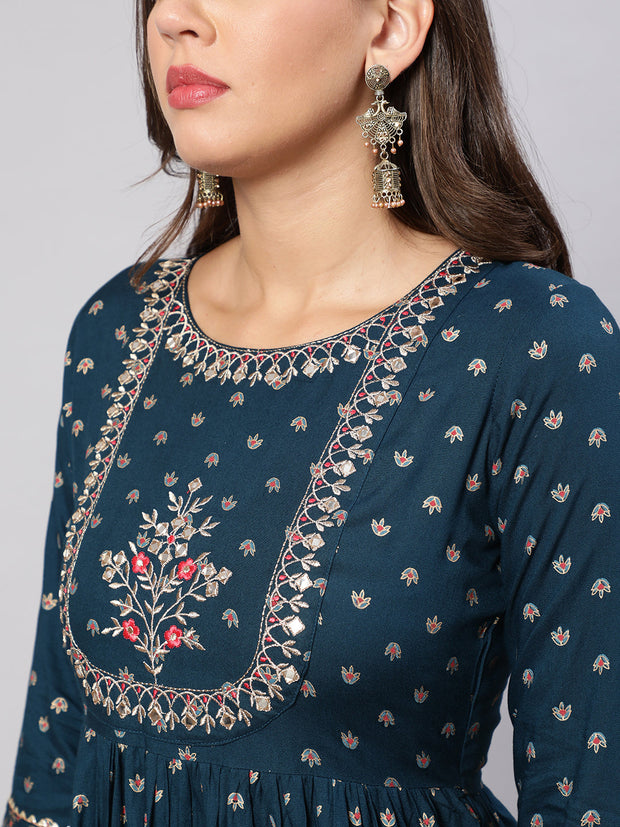 Women Teal Floral Printed Flared Dress With Scalloped Dupatta