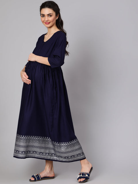 Women Navy Blue Maternity Dress With Three Quater Sleeves