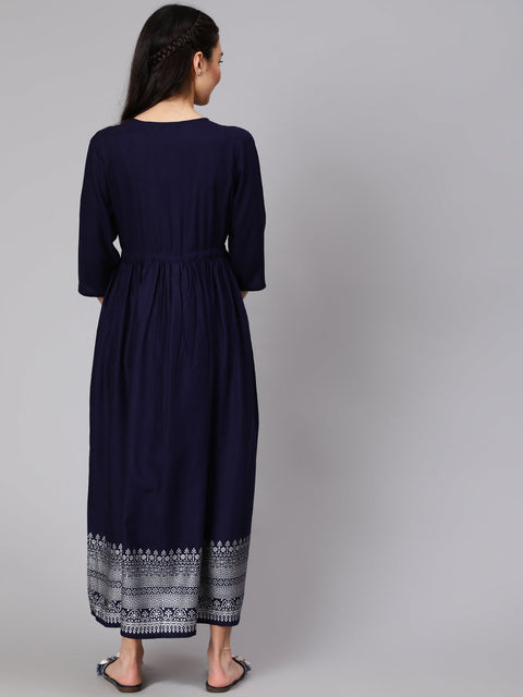 Women Navy Blue Maternity Dress With Three Quater Sleeves