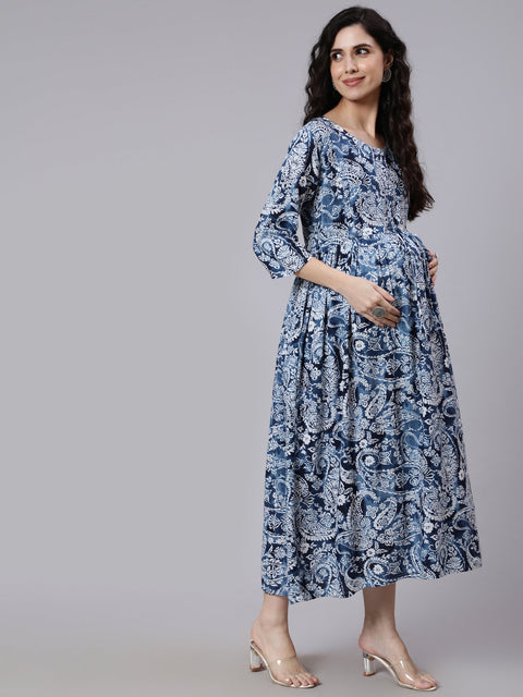 Women Blue Ethnic Mothif Printed Maternity Dress