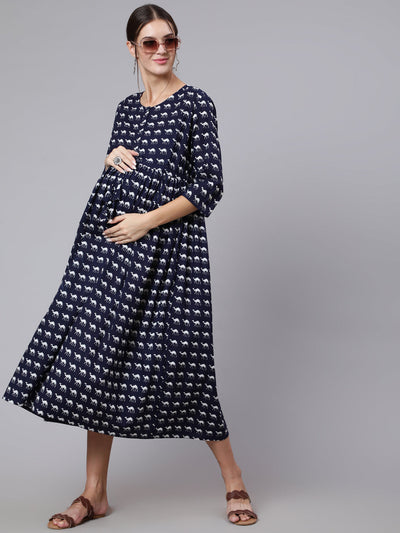 Women Navy Blue Ethinc Printed Flared Maternity Dress