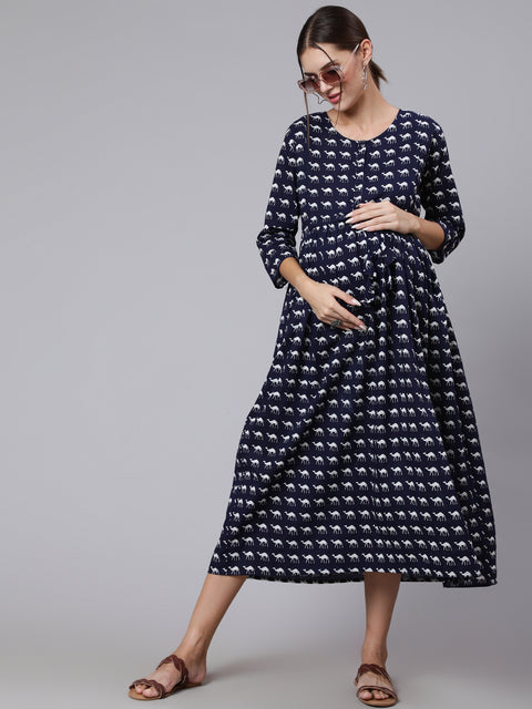 Women Navy Blue Ethinc Printed Flared Maternity Dress