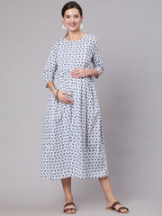 Women White And Blue Animal Printed Flared Maternity Dress