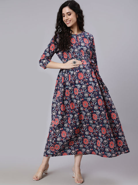 Women Blue Floral Printed Flared Maternity Dress