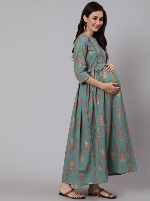 Women Green Ethnic Printed Flared Maternity Dress