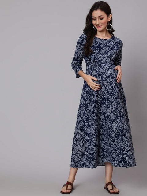 Women Navy Blue Ethnic Printed Maternity Dress