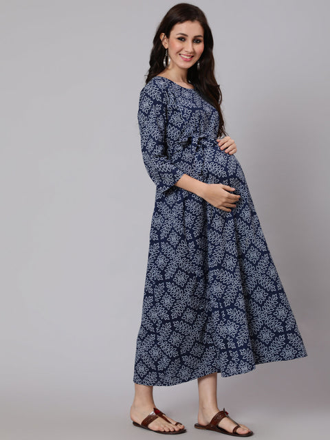 Women Navy Blue Ethnic Printed Maternity Dress
