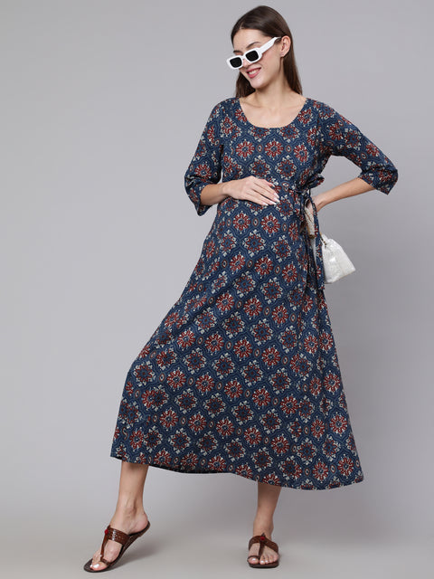 Women Navy Blue Ethinc Printed Flared Maternity Dress