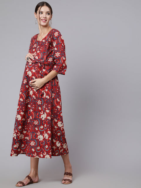 Women Maroon Ethinc Printed Flared Maternity Dress