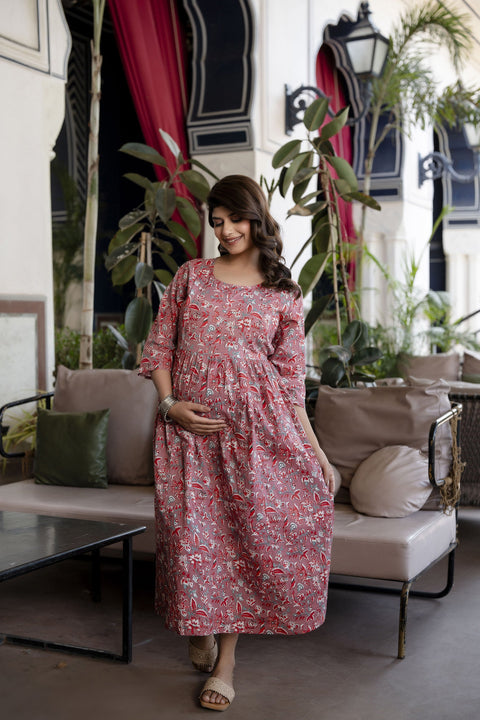 Women Mauve Floral Printed Flared Maternity Dress Nayo Clothing Women Mauve Floral Printed Flared Maternity Dress Nayo Clothing